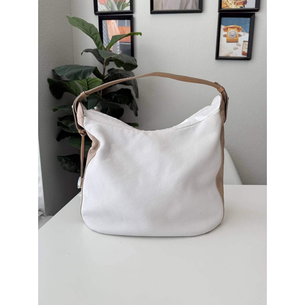 Furla Pebbled Leather Hobo Shoulder Bag White Tan Logo Charm Zip Top